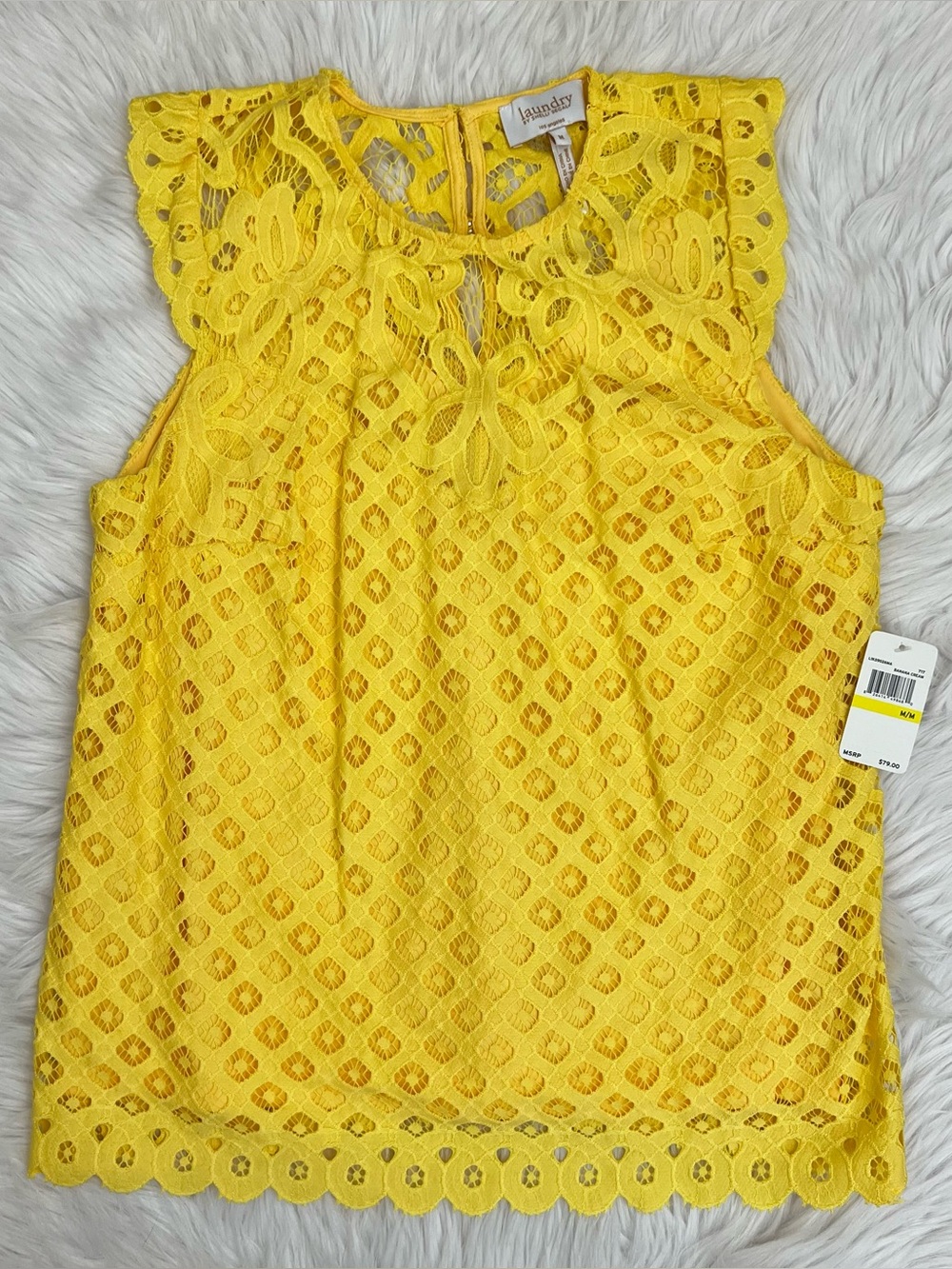 NWT! Laundry by Shelli Segal High-Neck Top Lace Banana Yellow Sz M